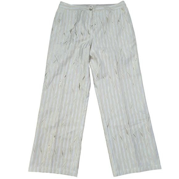 Porridge Anthropologie Kelyn Striped Gold Shine Trousers Size 12 White Metallic - Picture 1 of 9